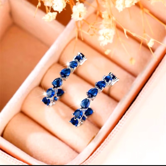 14k White Gold & Marquise Blue Sapphire Huggie Earrings - Picture 6 of 7
